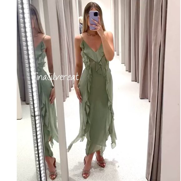 BLOGGER'S FAVE! Zara Long Ruffled Dress Sea Green NWT - Picture 15 of 17